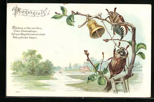 Lithographie Zwei Maikäfer mit Glöckchen auf einem Baum, Pfingstgruss