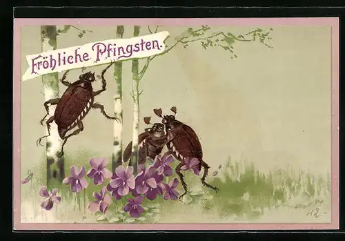 Künstler-AK Drei Maikäfer und Birken in Frühlingslandschaft, Pfingstgruss
