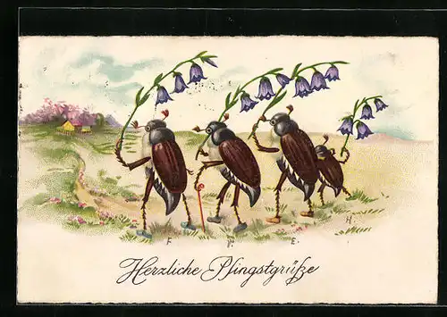 Künstler-AK Maikäfer mit Glockenblumen in Frühlingslandschaft, Pfingstgruss