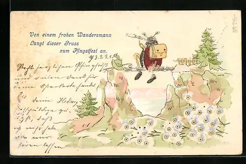 Präge-AK Maikäfer mit Gepäck und Fernrohr auf Wanderschaft, Pfingstgruss