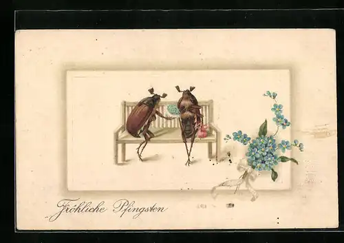 Künstler-AK Maikäfer bringt Angebeteter ein Sträusschen, Pfingstgruss