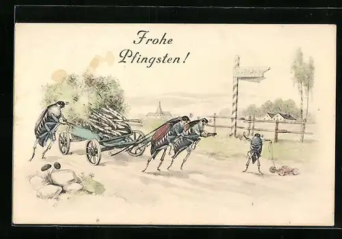 Künstler-AK Maikäfer transportieren Birkenlaub mit einem Wagen, Pfingstgruss