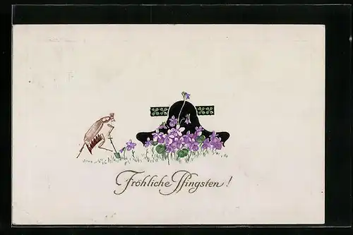 Künstler-AK Maikäfer mit Spaten und Blumen, Pfingstgruss