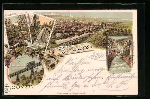 Lithographie Bienne, Totalansicht aus der Vogelschau mit Taubenloch