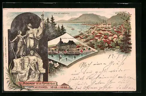 Lithographie Neuchatel, Ortsansicht mit Hotel des Postes