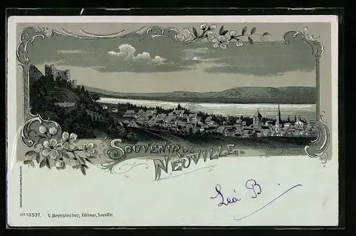 Mondschein-Lithographie La Neuveville, Ortsansicht mit Kirche