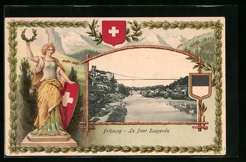 Passepartout-Lithographie Fribourg, Ortsansicht mit Wappen