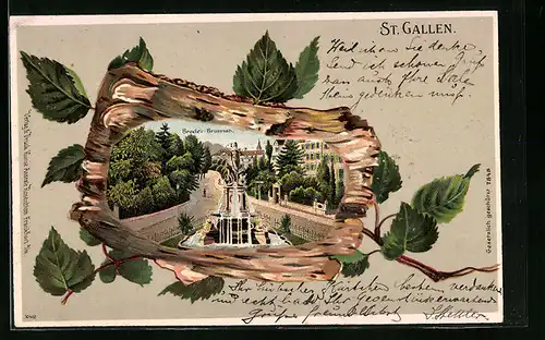 Passepartout-Lithographie St. Gallen, Blick zum Broder-Brunnen