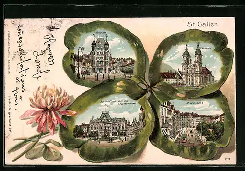 Passepartout-Lithographie St. Gallen, Unionplatz, Kathedrale, Marktgasse