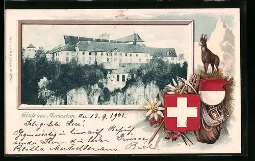 Passepartout-Lithographie Mariastein, Ortsansicht mit Wappen und Gämse