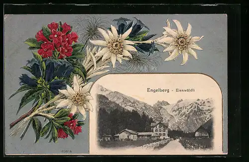 Präge-AK Engelberg, Eienwäldli mit Edelweiss-Dekor