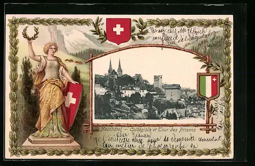 Passepartout-Lithographie Neuchatel, Collegiale et Tour des Prisons