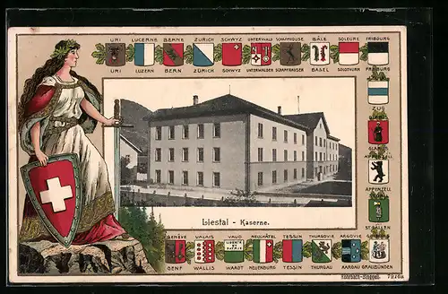Präge-AK Liestal, Kaserne mit Wappen der Kantone