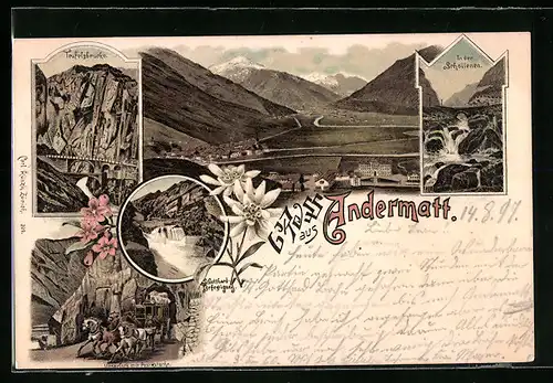 Lithographie Andermatt, Ortsansicht mit Teufelsbrücke und St. Gotthard-Befestigung