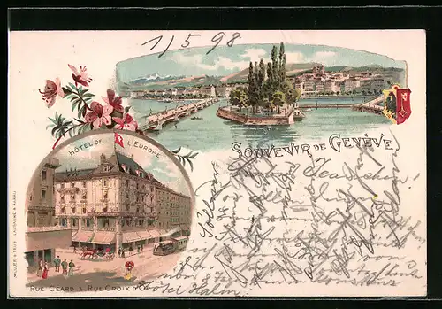 Lithographie Genève, Ortsansicht mit Hotel de l`Europe