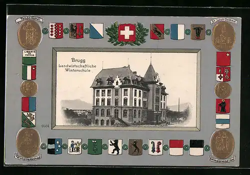 Präge-AK Brugg, Landwirtschaftliche Winterschule mit Wappen