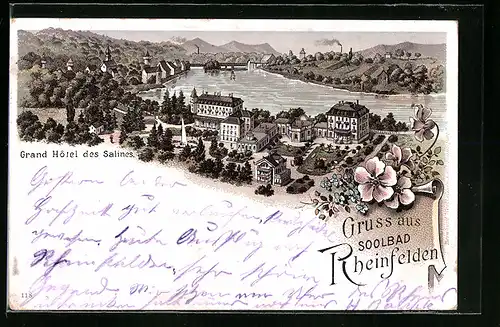 Lithographie Rheinfelden, Grand Hotel des Salines aus der Vogelschau