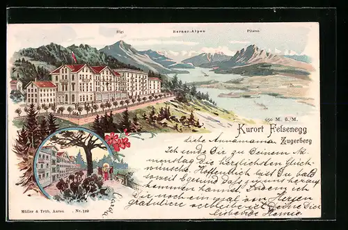 Lithographie Felsenegg a. Zugerberg, Kurhotel mit Berner-Alpen