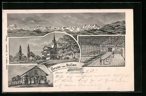 Lithographie Hosenruck, Ortsansicht mit Bergpanorama und Gasthaus