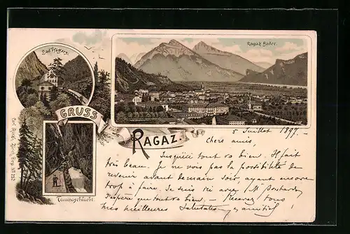 Lithographie Ragaz, Ortsansicht aus der Vogelschau mit Taminaschlucht