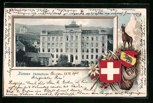 Passepartout-Lithographie Bienne, Technikum mit Wappen und Gämse