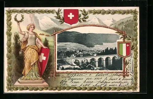 Passepartout-Lithographie Couvet, Ortsansicht aus der Vogelschau mit Wappen