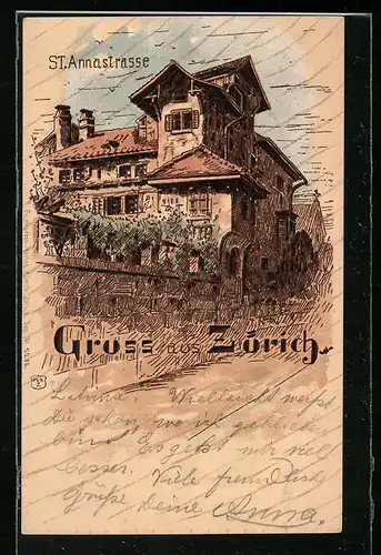 Lithographie Zürich, St. Annastrasse mit Häuseransicht