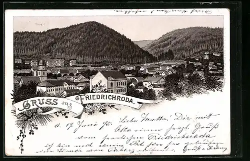 Vorläufer-Lithographie Friedrichroda, 1895, Ortsansicht mit Blick auf Berge aus der Vogelschau