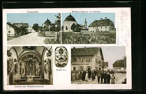 AK Niederachdorf, Wallfahrtskirche mit Kloster, Ortspartie, Geschäft J. Knecht mit Eionwohnern