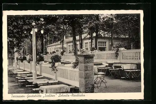 AK Lehnitz /Nordbahn, Terrassen-Gaststätte Seelöwe, Gebäude hinter Terrasse