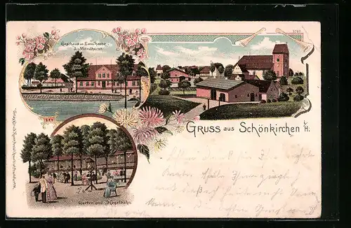 Lithographie Schönkirchen, Ortsansicht, Gasthaus im Landhause mit Garten und Kegelbahn