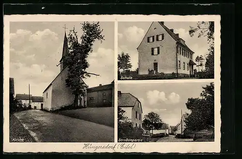 AK Hüngersdorf /Eifel, Partie an der Kirche, Schule, Strassenpartie