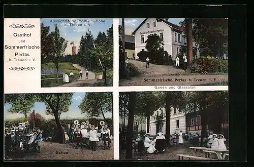AK Treuen i. V., Gasthof Perlas mit Garten, Aussichtsturm Wilhelmshöhe