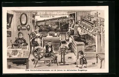 Künstler-AK Rabenstein i. Sa., Innenansicht einer Handschuhwirkerstube im sächsischen Erzgebirge