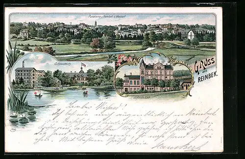 Lithographie Reinbek, Panorama mit Wentorf, Schlossteich, Stt. Adolfs-Stift