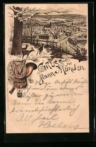 Winter-Lithographie Hann.-Münden, Ortsansicht im Tiefschnee