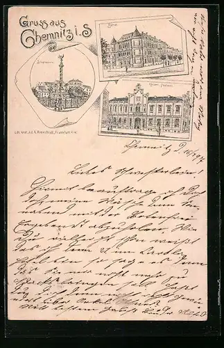 Lithographie Chemnitz, Siegessäule, Börse und Kaiserliches Postamt