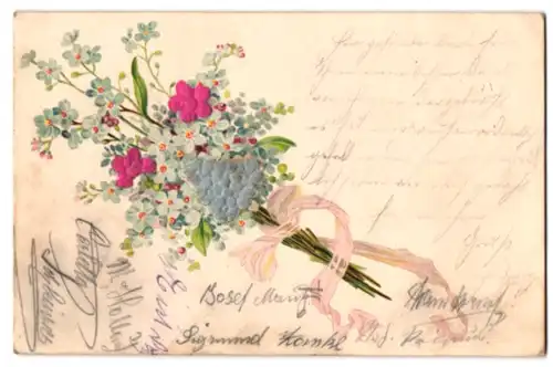 Stoff-Präge-AK Blumenstrauss mit Blüten aus echtem Stoff