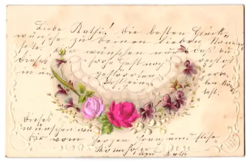 Stoff-Präge-AK Blumenzweig mit Rosen aus echtem Stoff