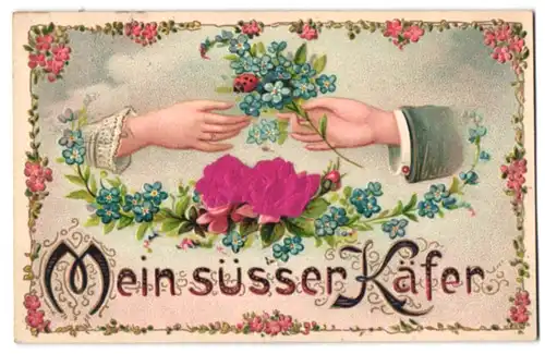 Stoff-Präge-AK Mein süsser Käfer, Pinke Rosen aus echtem Stoff