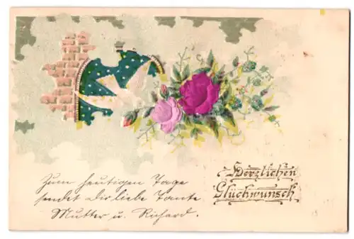 Stoff-Präge-AK Weisse Taube bringt Glückwünsche mit Rosen aus echtem Stoff