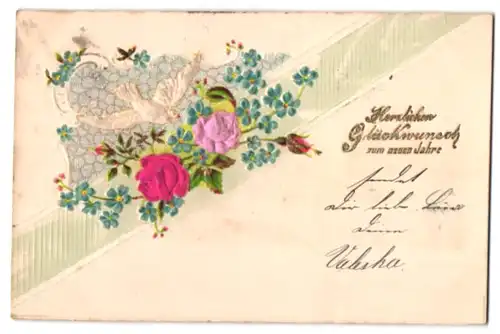 Stoff-Präge-AK Weisse Taube fliegt auf Rosen aus echtem Stoff zu