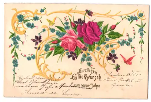 Stoff-Präge-AK Blumenornament mit Rosen aus echtem Stoff