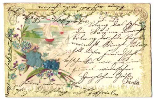 Stoff-Präge-AK Brieftaube und Segelboote umrandet von blauen Blumen aus echtem Stoff