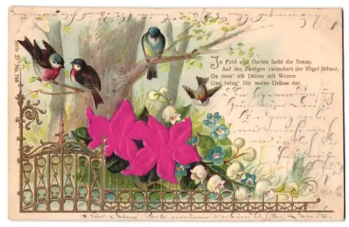 Stoff-Präge-AK Singvögel geniessen den Frühling, pinkfarbene Blüten aus echtem Stoff