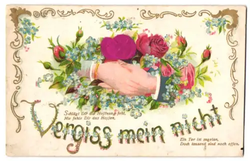 Stoff-Präge-AK Vergiss mein nicht, Rose aus echtem Stoff