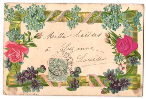 Stoff-Präge-AK Bilderrahmen geschmückt mit Blumen, Rose aus echtem Stoff