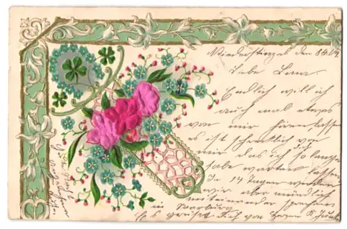 Stoff-Präge-AK Blumenornament mit Kleeblatt und Hufeisen, Rosen aus echtem Stoff