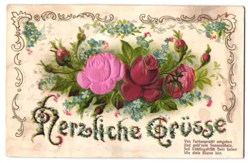 Stoff-Präge-AK Herzliche Grüsse mit einem Blumenstrauss und einer Rose aus echtem Stoff