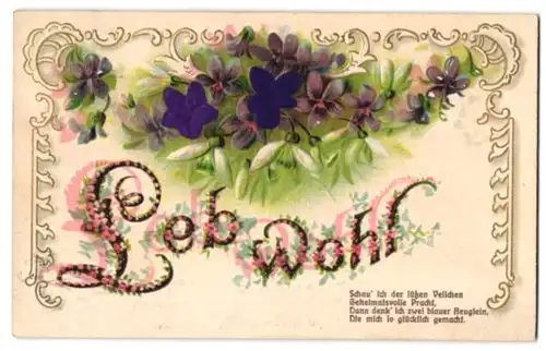 Stoff-Präge-AK Leb wohl, Lilafarbene Blüten aus echtem Stoff